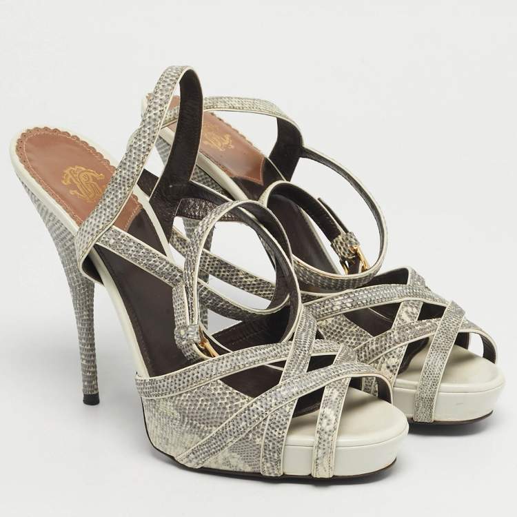 Pre Owned Roberto Cavalli Size 39 Grey Lizard Embossed Leather Ankle Strap Sandals