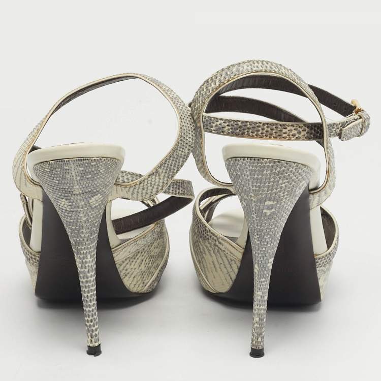 Pre Owned Roberto Cavalli Size 39 Grey Lizard Embossed Leather Ankle Strap Sandals
