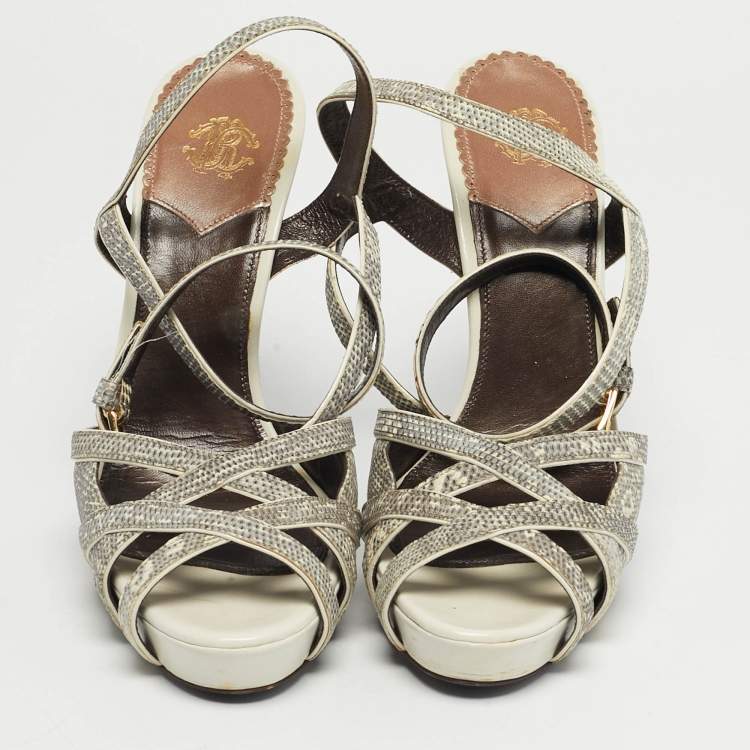 Pre Owned Roberto Cavalli Size 39 Grey Lizard Embossed Leather Ankle Strap Sandals