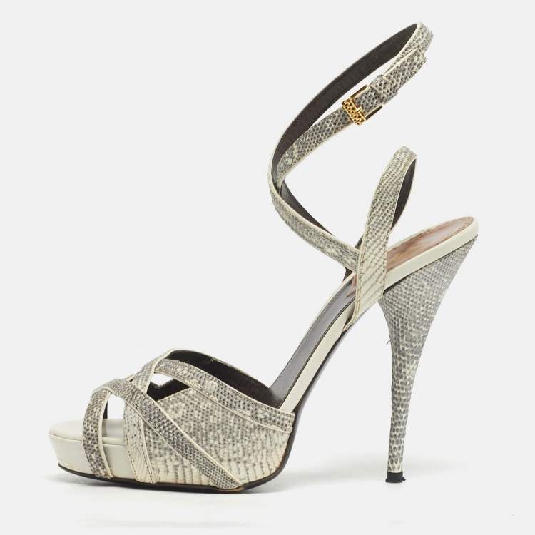 Pre Owned Roberto Cavalli Size 39 Grey Lizard Embossed Leather Ankle Strap Sandals