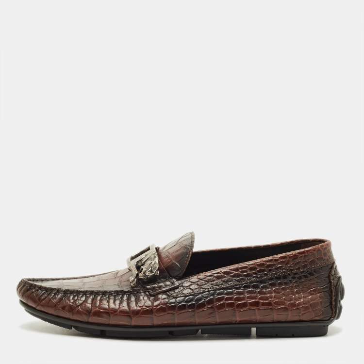 Pre Owned Roberto Cavalli Size 42 Brown Croc Embossed Leather Slip On Loafers