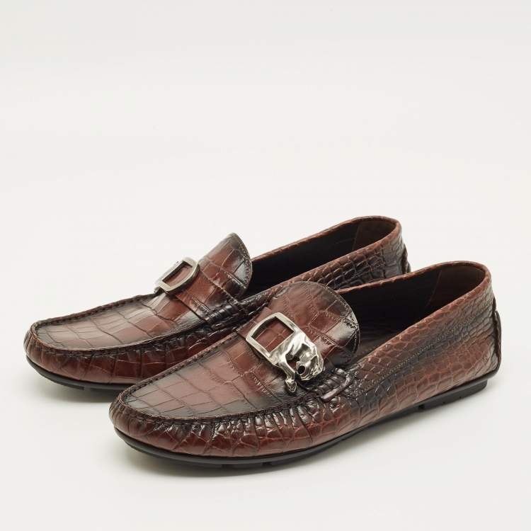 Pre Owned Roberto Cavalli Size 42 Brown Croc Embossed Leather Slip On Loafers
