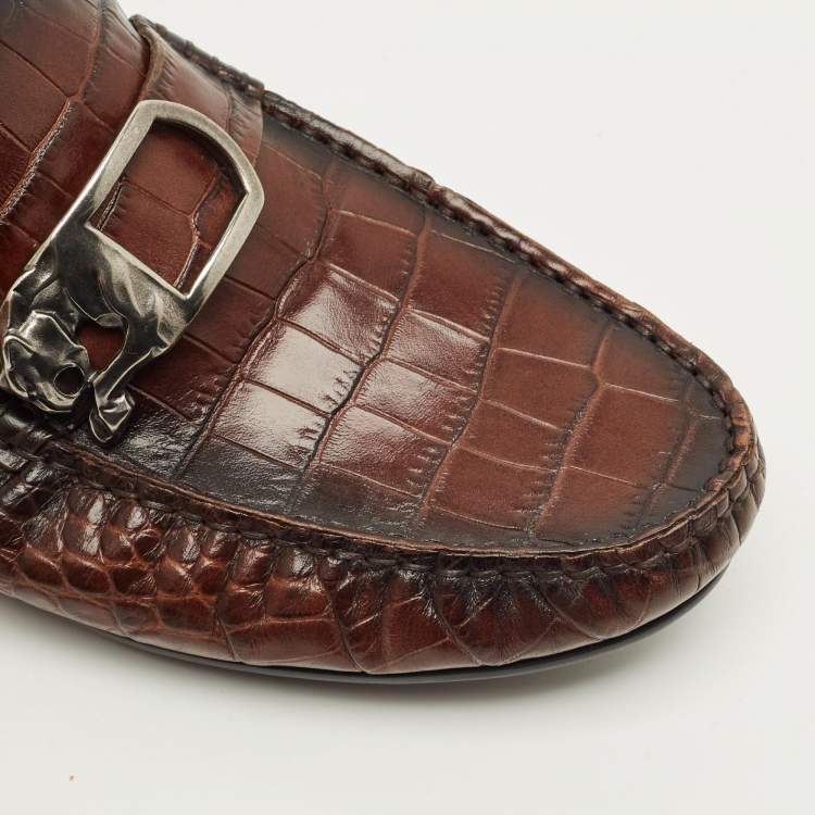 Pre Owned Roberto Cavalli Size 42 Brown Croc Embossed Leather Slip On Loafers