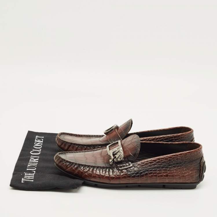 Pre Owned Roberto Cavalli Size 42 Brown Croc Embossed Leather Slip On Loafers