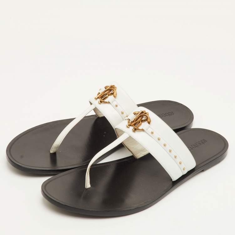 Pre Owned Roberto Cavalli Studded Size 39 White Leather Thong Flats