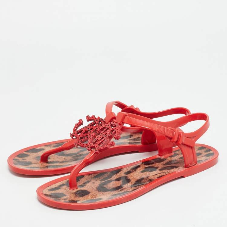 مملوكة مسبقًا Roberto Cavalli Size 40 Red Jelly Thong Slingback Flat Sandals