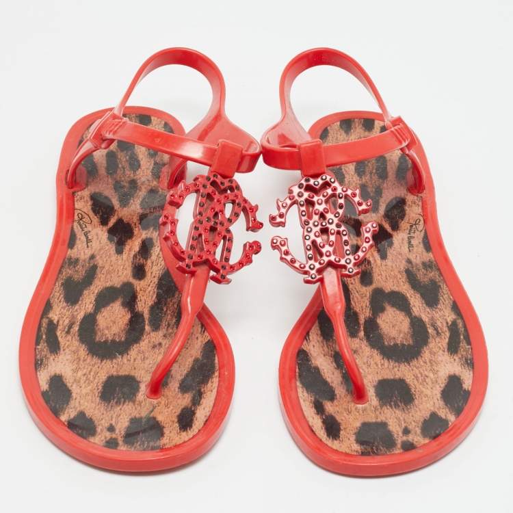 مملوكة مسبقًا Roberto Cavalli Size 40 Red Jelly Thong Slingback Flat Sandals