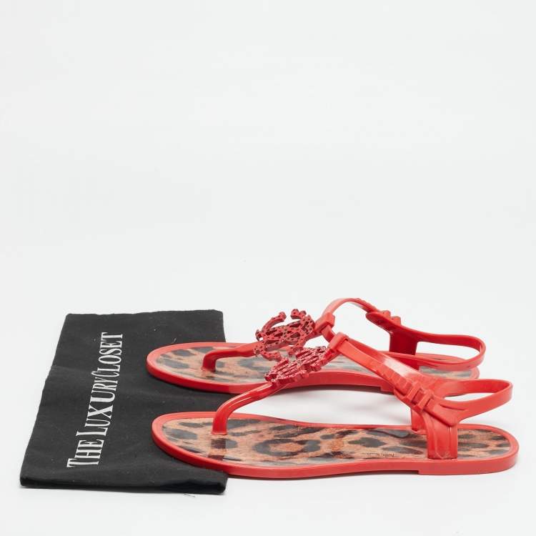 مملوكة مسبقًا Roberto Cavalli Size 40 Red Jelly Thong Slingback Flat Sandals