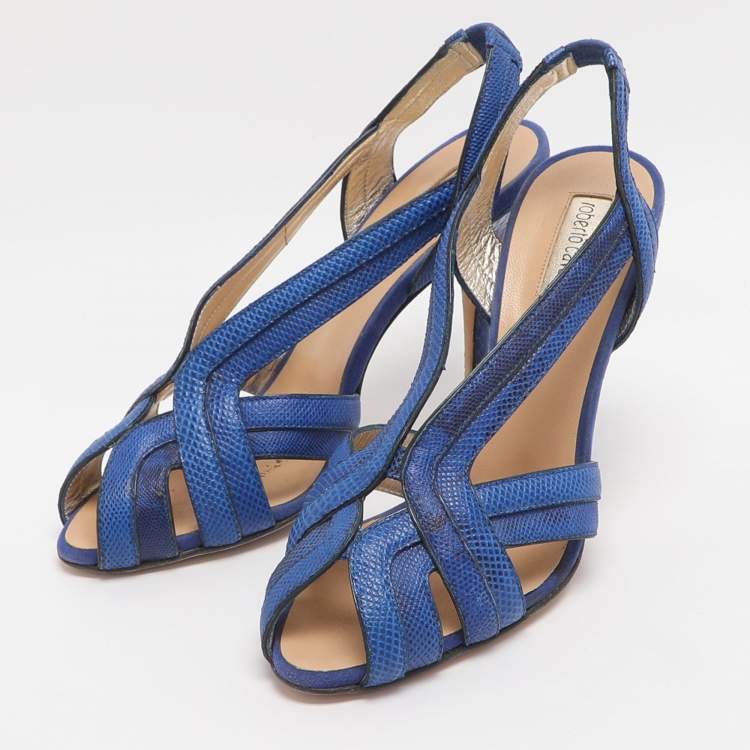 Pre Owned Roberto Cavalli Size 38 Blue Karung Leather Slingback Sandals