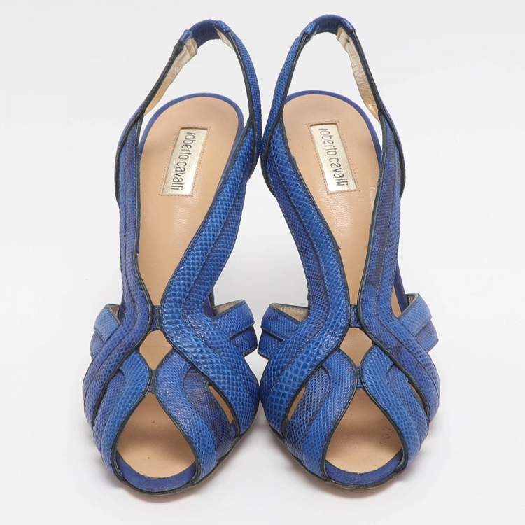 Pre Owned Roberto Cavalli Size 38 Blue Karung Leather Slingback Sandals