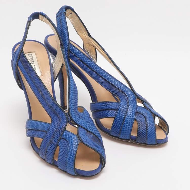 Pre Owned Roberto Cavalli Size 38 Blue Karung Leather Slingback Sandals