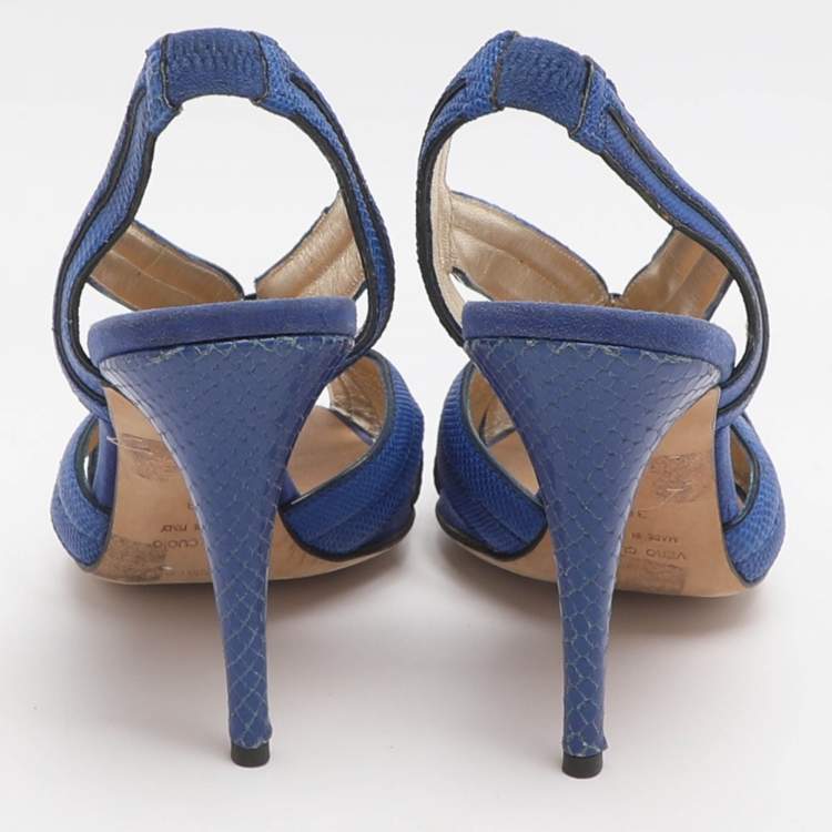 Pre Owned Roberto Cavalli Size 38 Blue Karung Leather Slingback Sandals