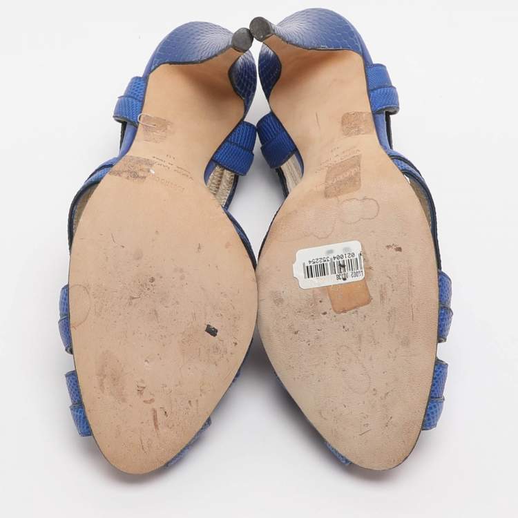 Pre Owned Roberto Cavalli Size 38 Blue Karung Leather Slingback Sandals