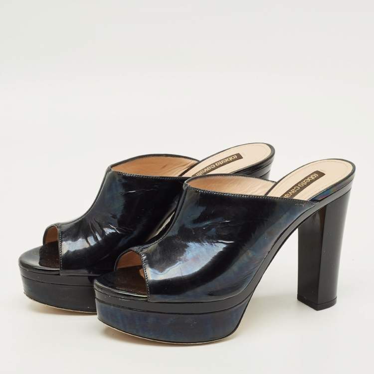 Pre Owned Roberto Cavalli Size 38 Black Leather Platform Open Toe Sandals