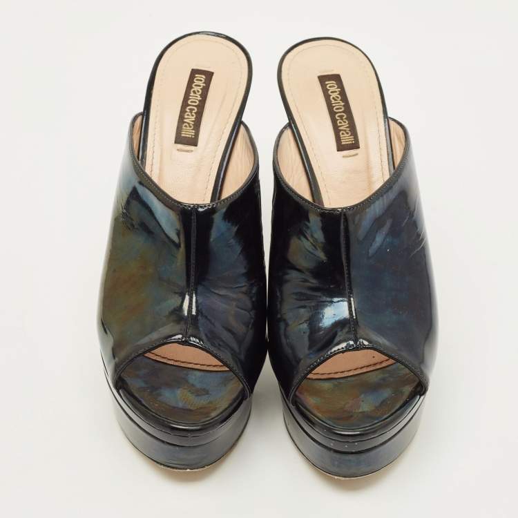 Pre Owned Roberto Cavalli Size 38 Black Leather Platform Open Toe Sandals