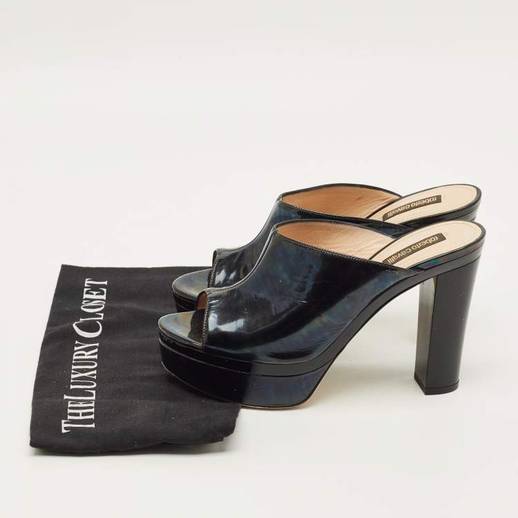 Pre Owned Roberto Cavalli Size 38 Black Leather Platform Open Toe Sandals
