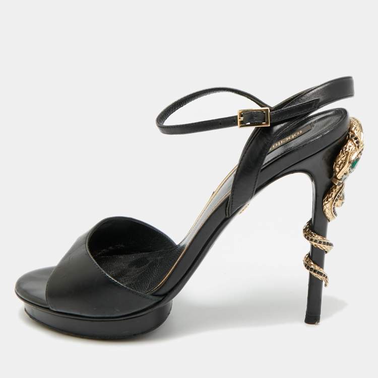 Pre Owned Roberto Cavalli Size 38 Black Satin Snake Embellished Ankle Strap Sandals