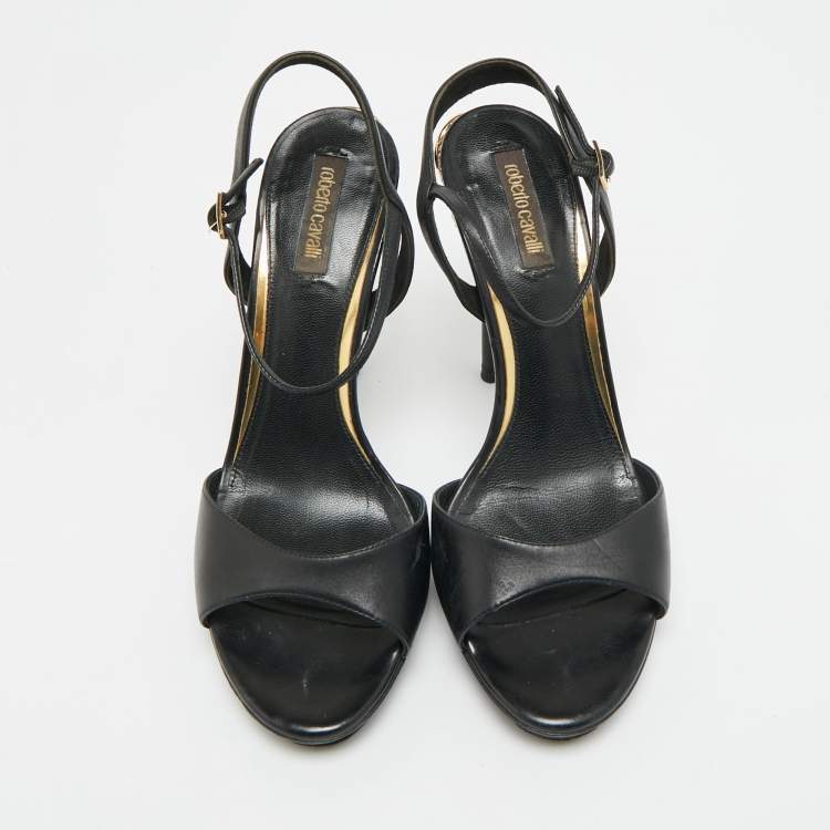 Pre Owned Roberto Cavalli Size 38 Black Satin Snake Embellished Ankle Strap Sandals