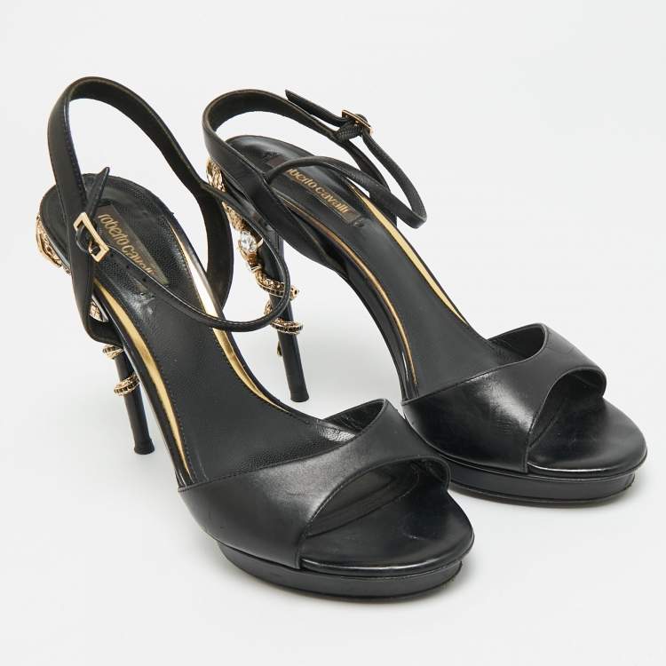 Pre Owned Roberto Cavalli Size 38 Black Satin Snake Embellished Ankle Strap Sandals