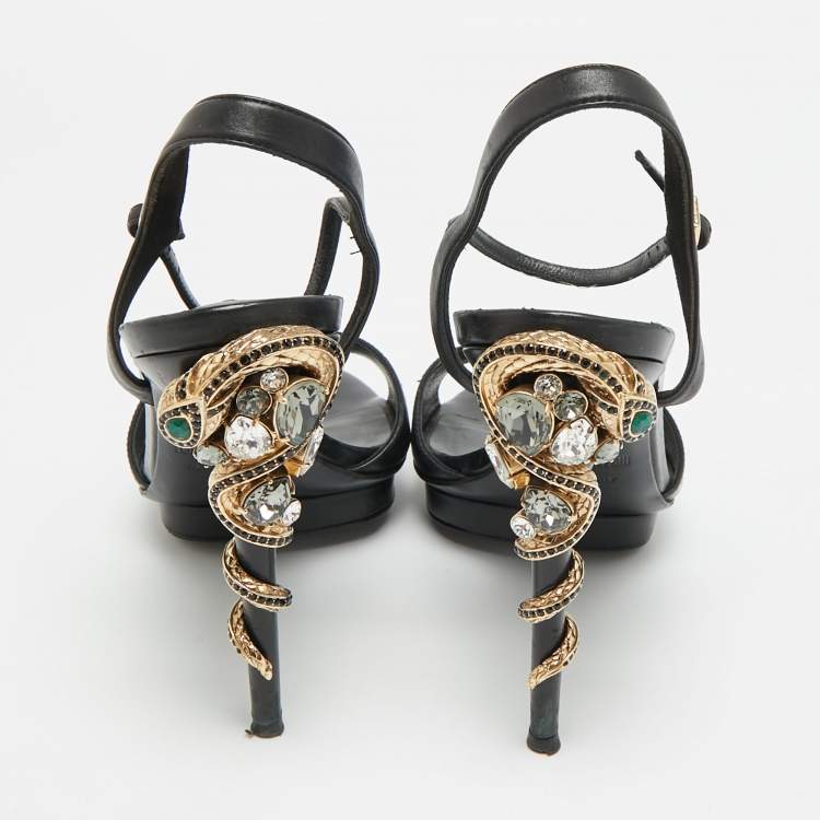 Pre Owned Roberto Cavalli Size 38 Black Satin Snake Embellished Ankle Strap Sandals