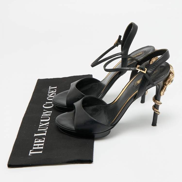 Pre Owned Roberto Cavalli Size 38 Black Satin Snake Embellished Ankle Strap Sandals