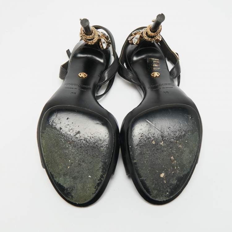 Pre Owned Roberto Cavalli Size 38 Black Satin Snake Embellished Ankle Strap Sandals