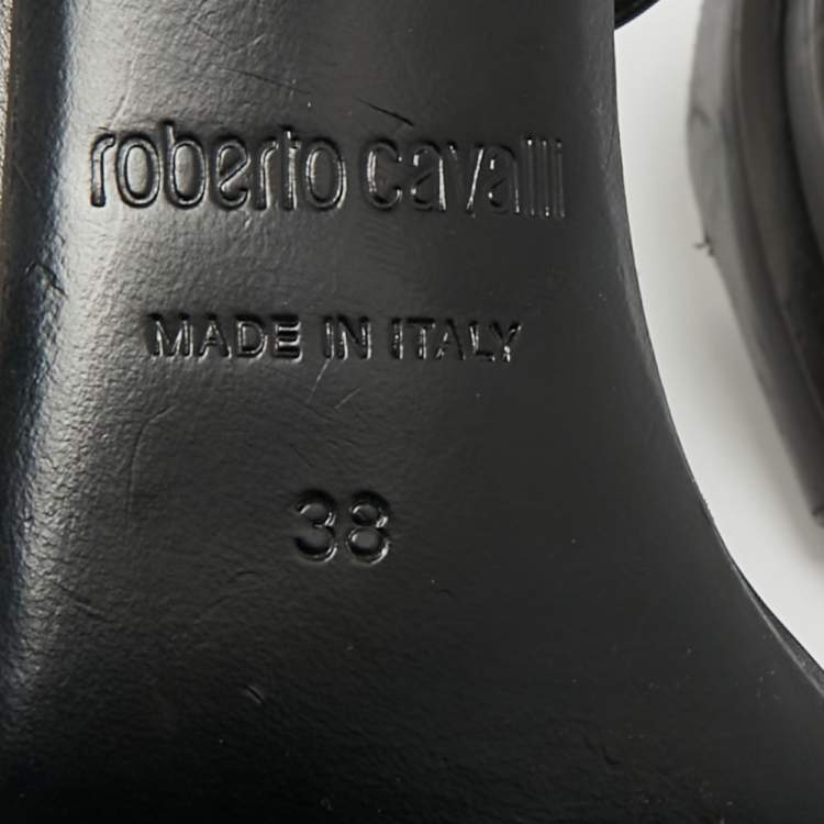 Pre Owned Roberto Cavalli Size 38 Black Satin Snake Embellished Ankle Strap Sandals