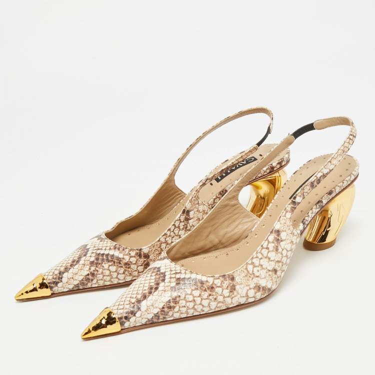 Pre Owned Roberto Cavalli Size 38 Two Tone Python Embossed Leather Pointed Toe Slingback Pumps