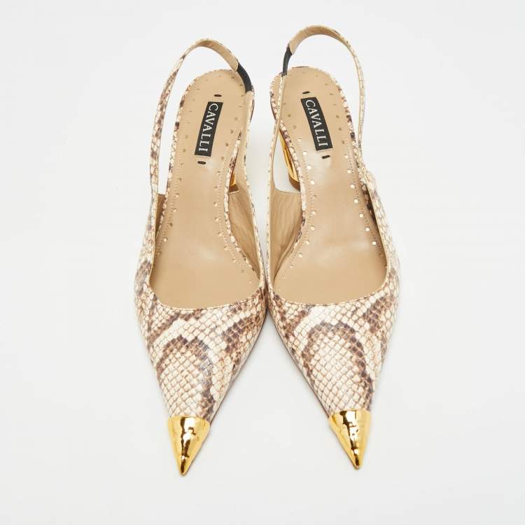 Pre Owned Roberto Cavalli Size 38 Two Tone Python Embossed Leather Pointed Toe Slingback Pumps