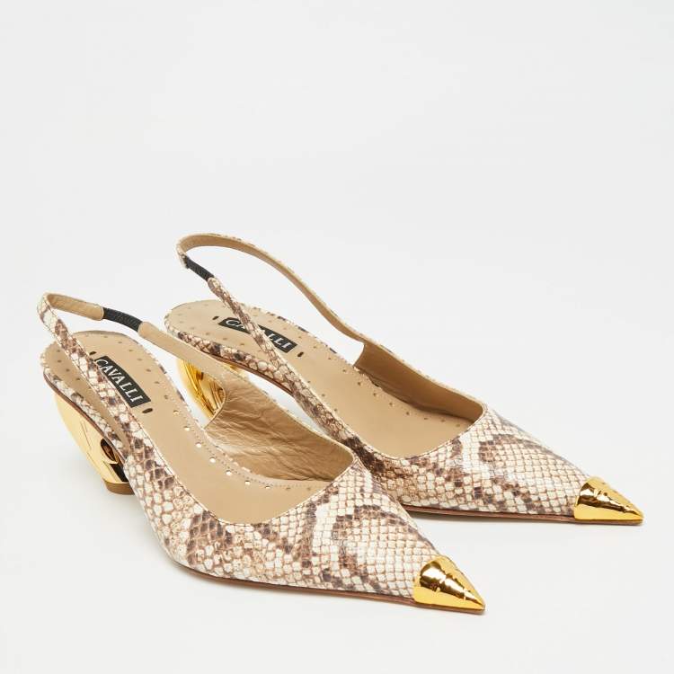 Pre Owned Roberto Cavalli Size 38 Two Tone Python Embossed Leather Pointed Toe Slingback Pumps