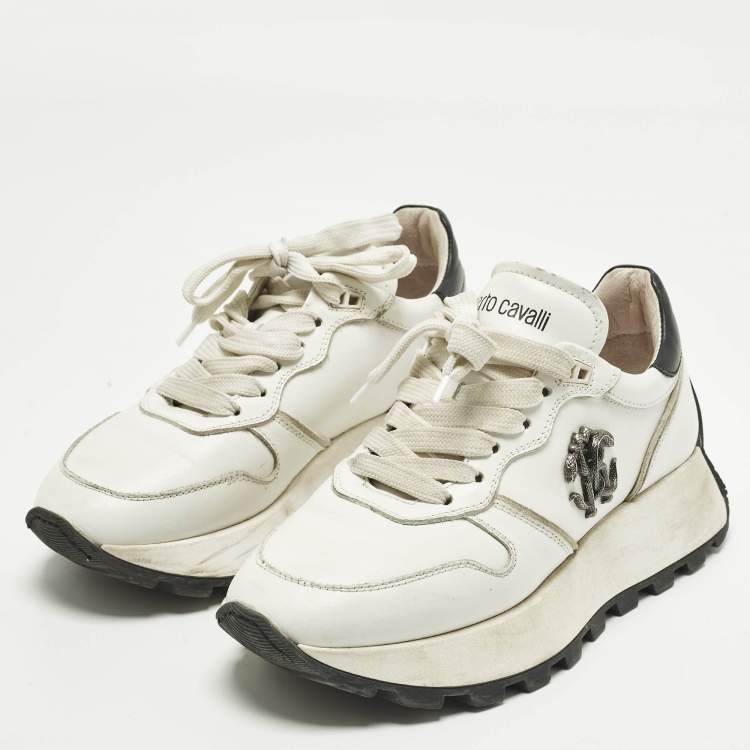 Pre Owned حذاء رياضي روبرتو كافالي جلد أسود بسير أربطة مقاس 37