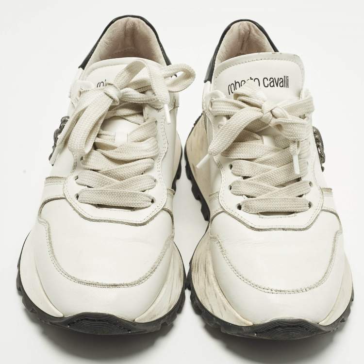 Pre Owned حذاء رياضي روبرتو كافالي جلد أسود بسير أربطة مقاس 37