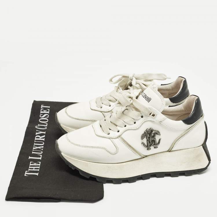 Pre Owned حذاء رياضي روبرتو كافالي جلد أسود بسير أربطة مقاس 37