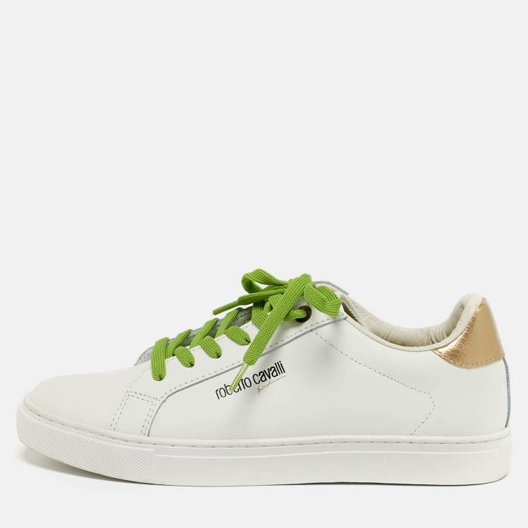 مملوكة مسبقًا Roberto Cavalli Size 40 White/Gold Python Embossed and Leather Low Top Sneakers