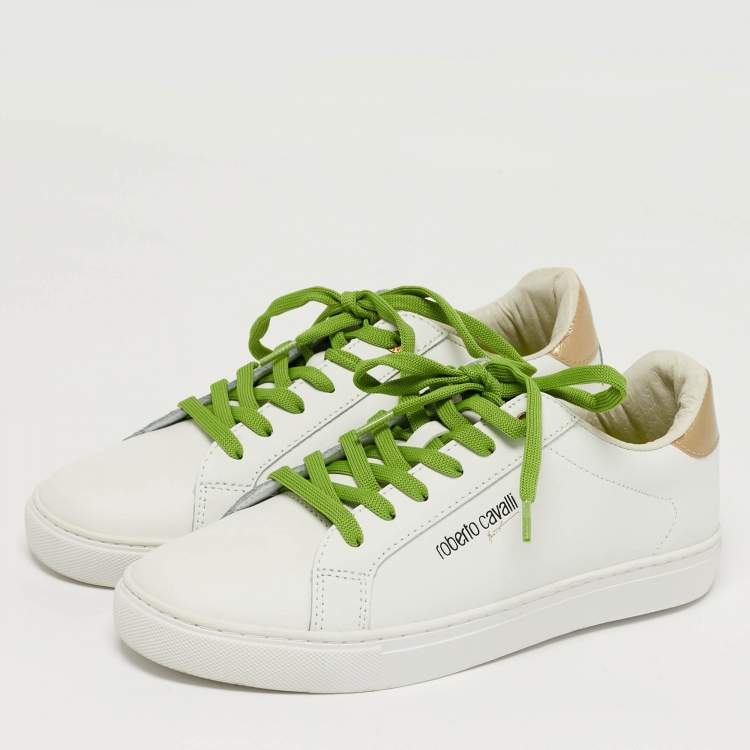 مملوكة مسبقًا Roberto Cavalli Size 40 White/Gold Python Embossed and Leather Low Top Sneakers