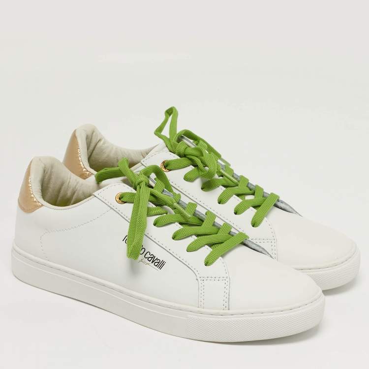 مملوكة مسبقًا Roberto Cavalli Size 40 White/Gold Python Embossed and Leather Low Top Sneakers