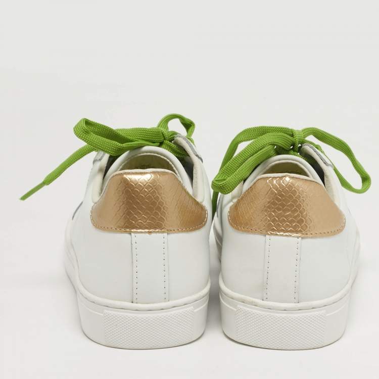 مملوكة مسبقًا Roberto Cavalli Size 40 White/Gold Python Embossed and Leather Low Top Sneakers