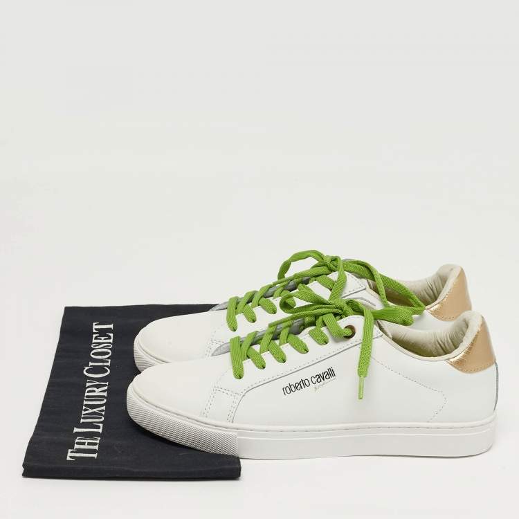 مملوكة مسبقًا Roberto Cavalli Size 40 White/Gold Python Embossed and Leather Low Top Sneakers