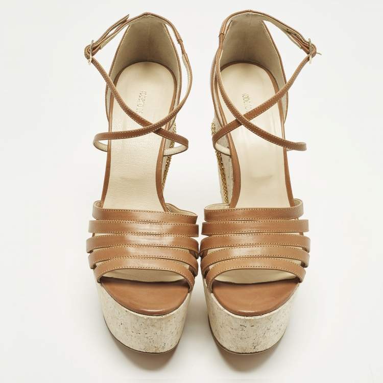 Pre Owned Roberto Cavalli Size 40 Brown Leather Wedge Sandals
