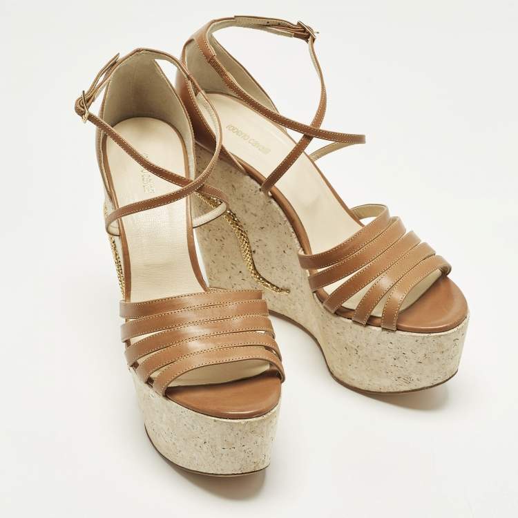 Pre Owned Roberto Cavalli Size 40 Brown Leather Wedge Sandals