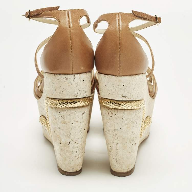 Pre Owned Roberto Cavalli Size 40 Brown Leather Wedge Sandals