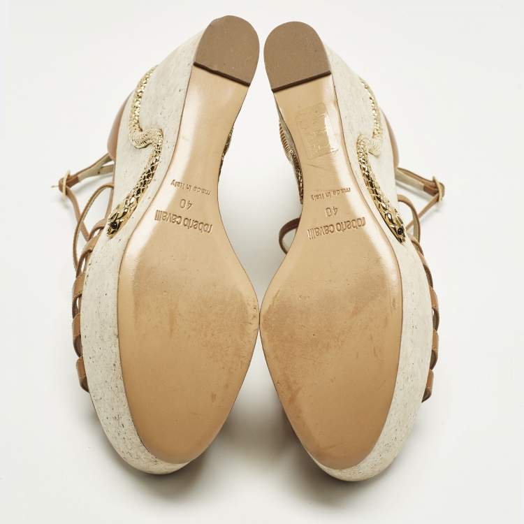 Pre Owned Roberto Cavalli Size 40 Brown Leather Wedge Sandals