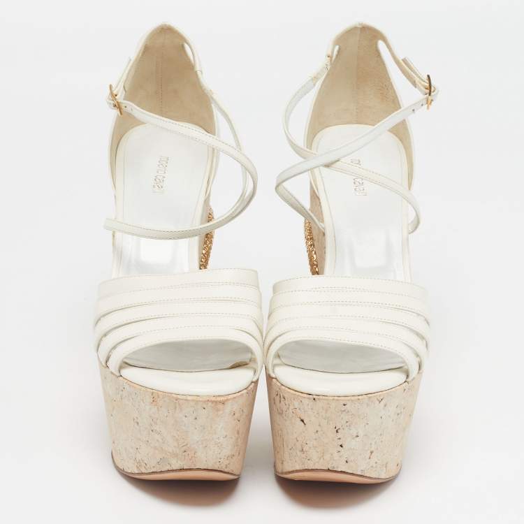 Pre Owned Roberto Cavalli Size 40 White Leather Snake Detail Cork Platform Wedge Sandals