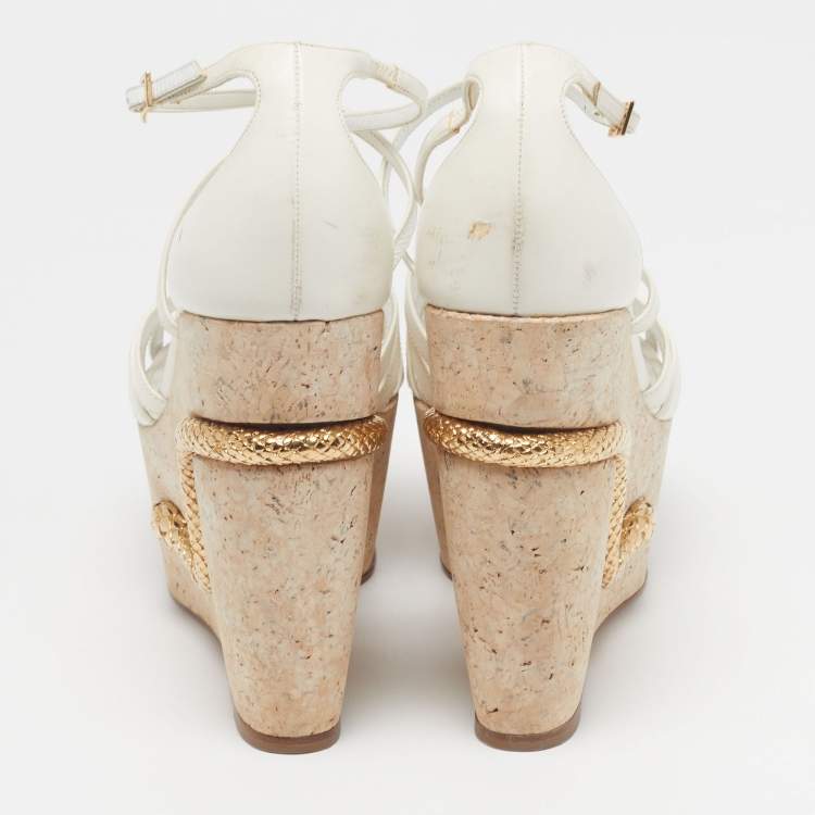 Pre Owned Roberto Cavalli Size 40 White Leather Snake Detail Cork Platform Wedge Sandals