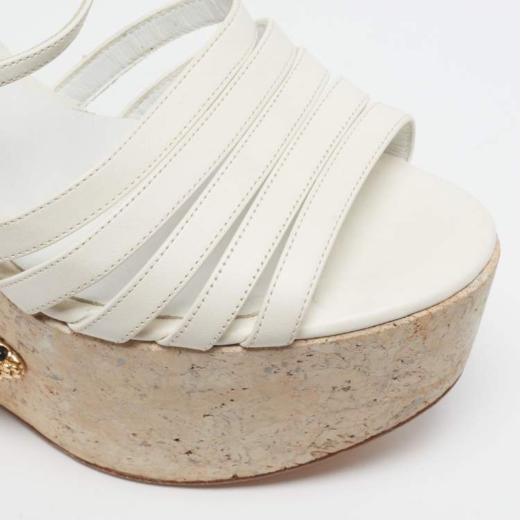 Pre Owned Roberto Cavalli Size 40 White Leather Snake Detail Cork Platform Wedge Sandals
