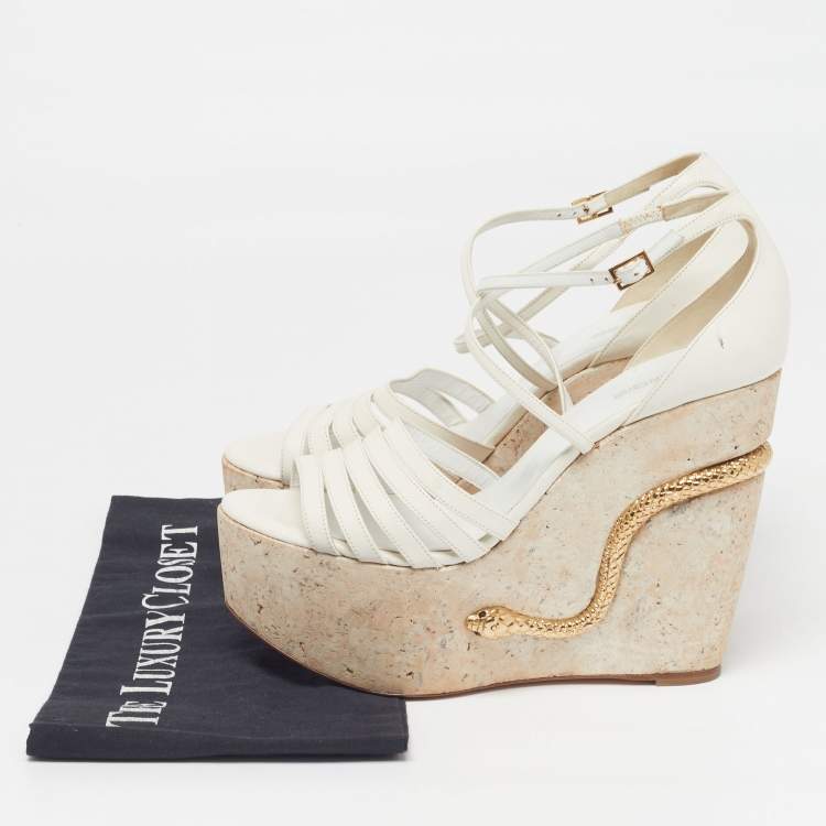Pre Owned Roberto Cavalli Size 40 White Leather Snake Detail Cork Platform Wedge Sandals