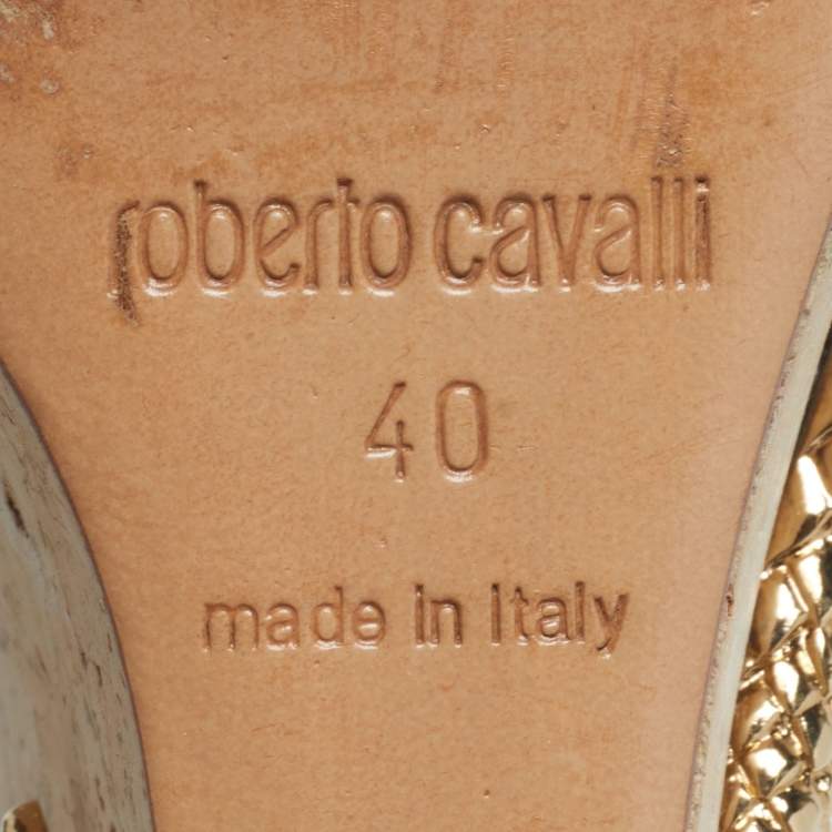 Pre Owned Roberto Cavalli Size 40 White Leather Snake Detail Cork Platform Wedge Sandals