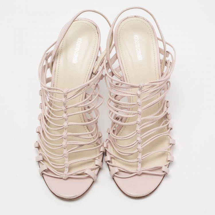 Pre Owned Roberto Cavalli Pale Pink Leather Knot Detail Strappy Sandals Size 37