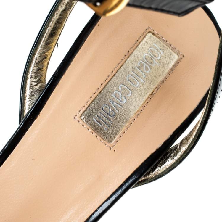 Pre Owned Roberto Cavalli Black Patent Leather Ankle Strap Sandals Size 36