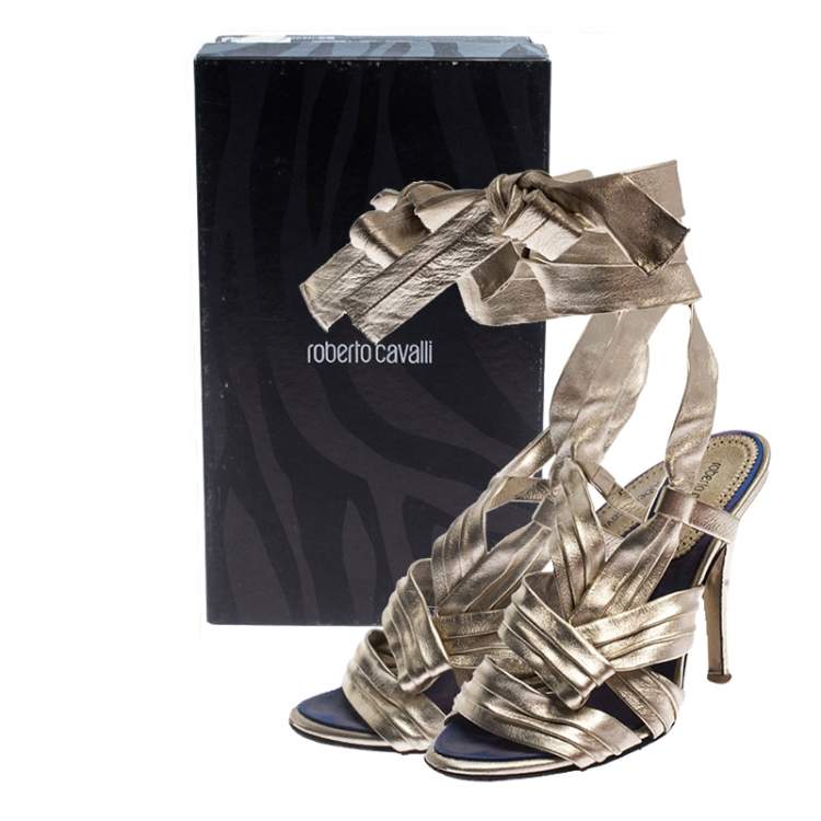 Pre Owned Roberto Cavalli Metallic Gold Leather Ankle Wrap Strappy Sandals Size 35.5